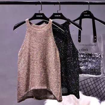 

2019 New New Summer Fashion Sexy Laides Sequins Halter Sleeveless Camisole Solid Color Knitted Top Women Basic Tanks