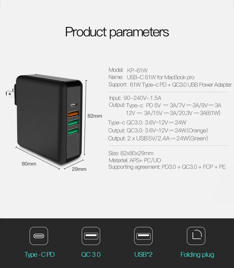 61 Вт PD type C USB быстрое зарядное устройство для ноутбука MacBook huawei адаптер питания быстрая зарядка 3,0 телефон планшет USB зарядное устройство США ЕС Великобритания 3 Разъем