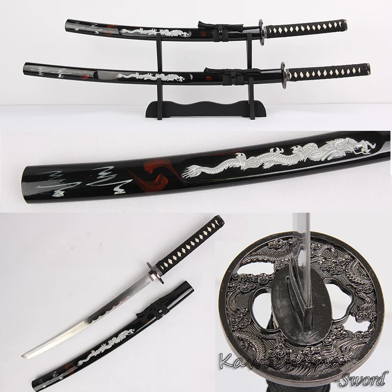 Dragon Swords Katana Wakizashi Set Real Steel Blade With Display Stand