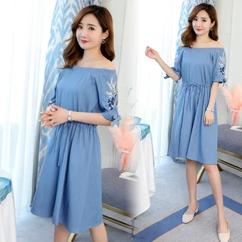 

Thin denim new summer embroidered pregnant women large size dress Korean fashion denim pregnancy skirt