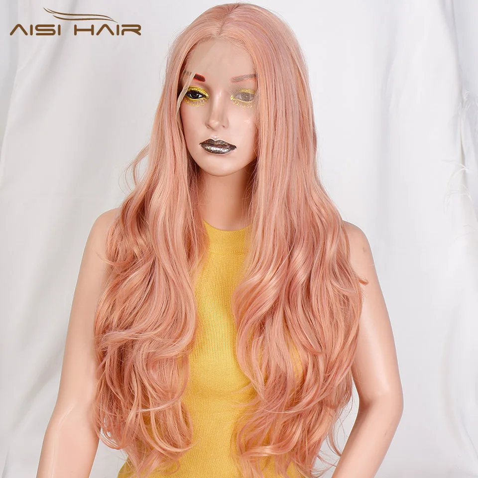 

I's a wig Long Wavy Pink Synthetic Front Lace Wig Ombre Blonde Wave Wigs for Women Black Hair Heat Resistant Fiber Hairs