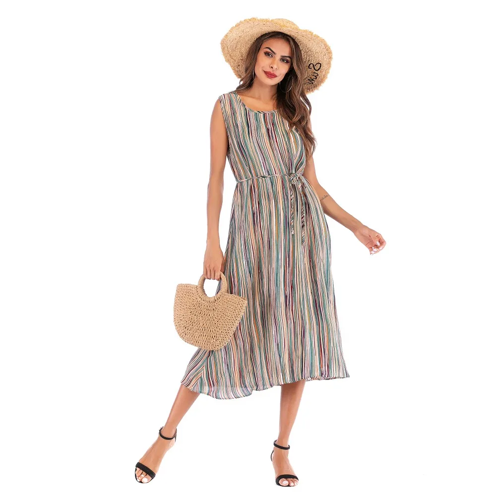 

YYFS 2019 Fashion Women Striped Print Summer Dress Elegant O-Neck Backless Strap Beach Dress Female Midi Dress Vestido Verano