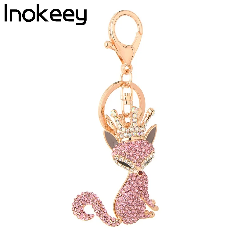 Inokeey, сплав, розовые стразы, корона, брелок с лисой, для женщин и мужчин, металлический кристалл, животное, автомобиль, брелок, сумка, аксессуары