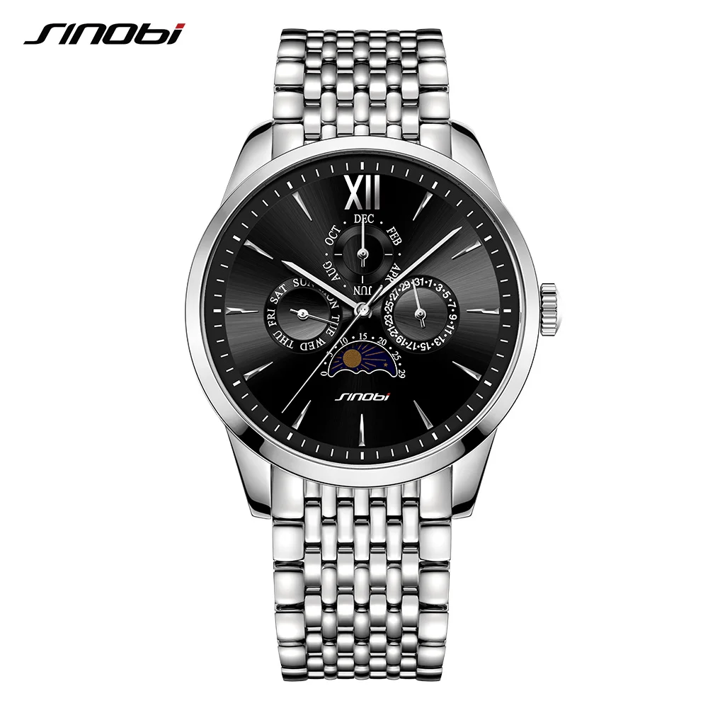 

Sinobi Men's Quartz Watch Business Watch Full Stainless Steel Date Calendar Top Brand Luxury Clock Sun Moon High-end Wristwatch