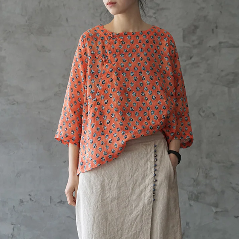 

Johnature Women Orange Shirts Print Floral Blouses Ramie 2019 Summer New Chinese Style Button Vintage Women Shirts And Tops