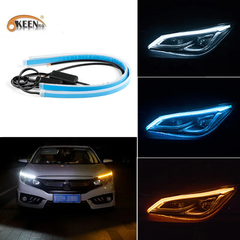 

OKEEN 2pcs Universal Car Led DRL Daytime Running Light White Ice Blue Flowing Headlight LED Strip Brake Turn Signal Lights Amber