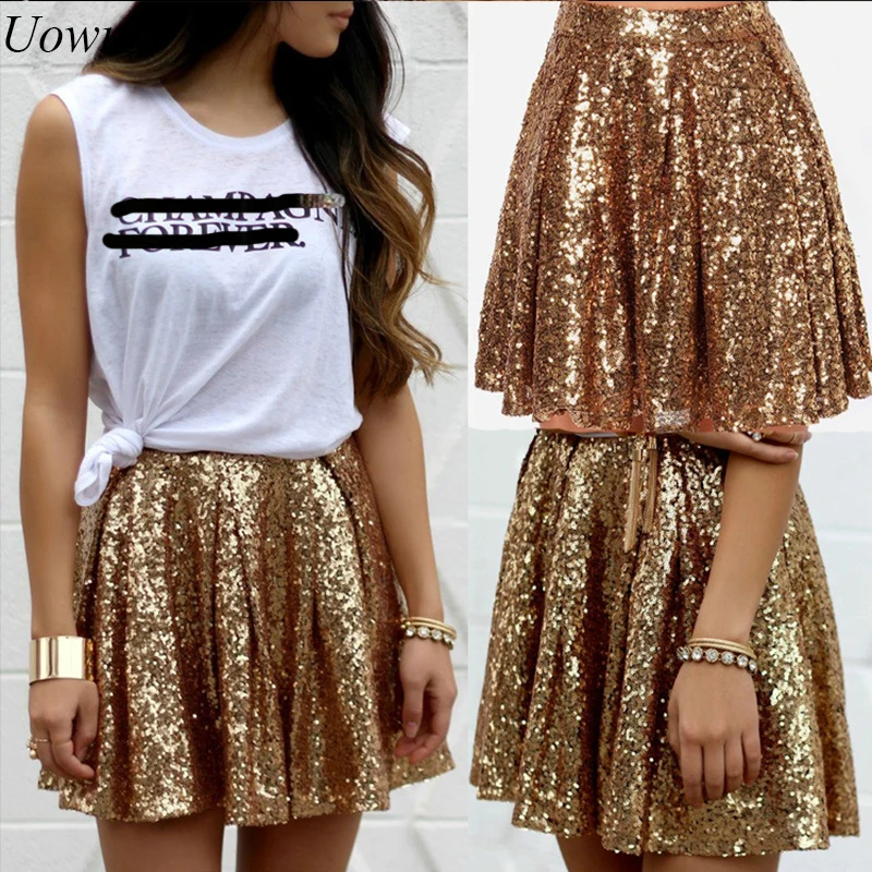 Image Uown Women Fashion Mini Gold Sequined Skirt High Waist Sparkling Pleated Glitter Skirts Ladies Evening Party Club Short Skirts