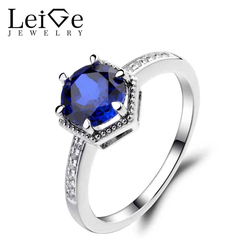 Leige Jewelry Sapphire Wedding Engagement Rings for Women Round Cut Blue Gemstone Ring 925 Sterling Silver Fine Jewelry