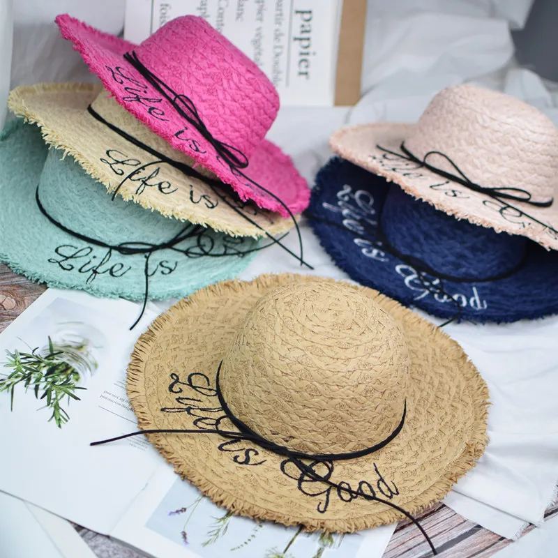 

Sun Visors Letter Embroidery Cap Big Brim Ladies Summer Straw Hat For Women Shade Sunhat Summer Beach Caps Leisure Hats & Caps