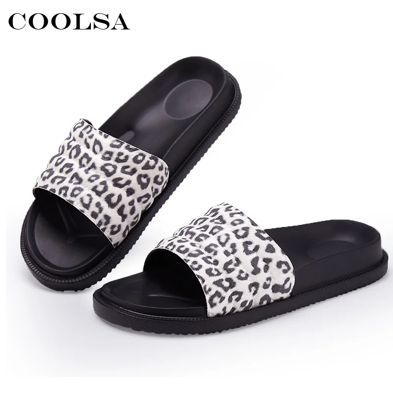 Coolsa Лето Для женщин с леопардовым принтом тапочки PU плоские мягкие толстая подошва обувь на платформе уличные Шлепанцы женские Повседневное пляжные сандалии - Цвет: black