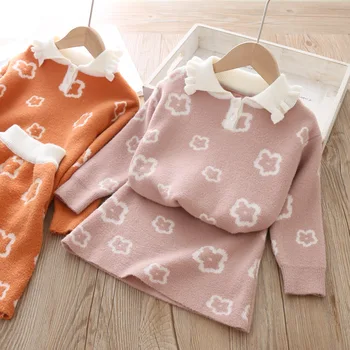 

girl knitting 2 pcs sets 2019 fall kids knitting tops + skirts fashion high-grade The princess clothing children clothes