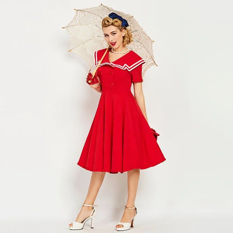 Sisjuly Vintage 1950 s 60 s Mi mollet À Manches Courtes Rouge Femmes