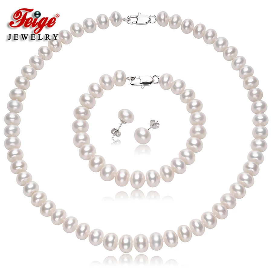 

FEIGE Genuine 10-11mm White Natural Freshwater Pearl Jewelry Sets For Women's 925 Sterling Silver Pearl Earrings Fine Jewelry