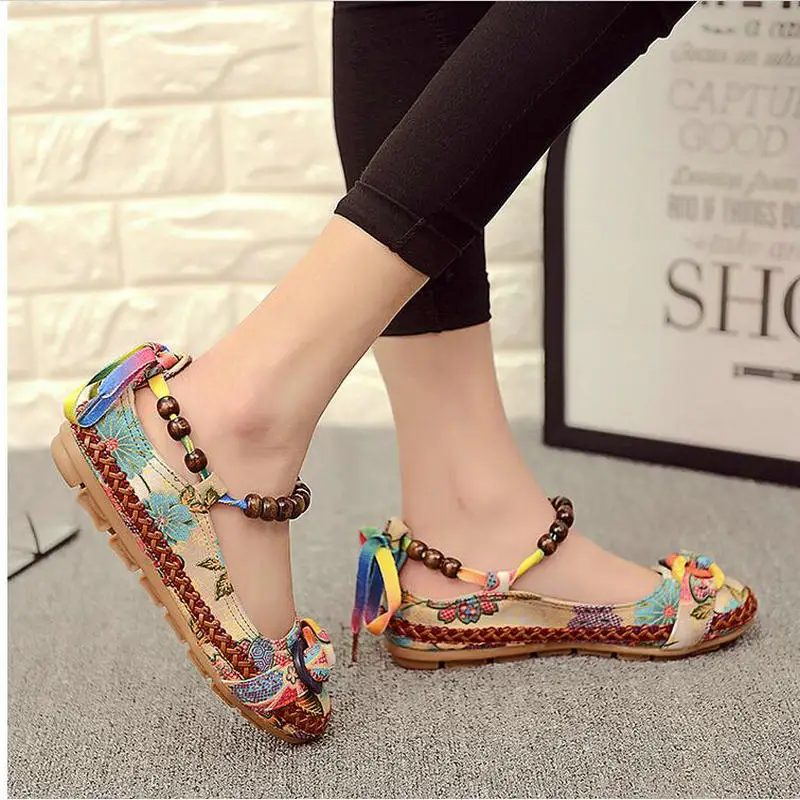 

Plus size42 Casual Flat Shoes Women Flats Handmade Beaded Ankle Straps Loafers Zapatos Mujer Retro Ethnic Embroidered Shoes000