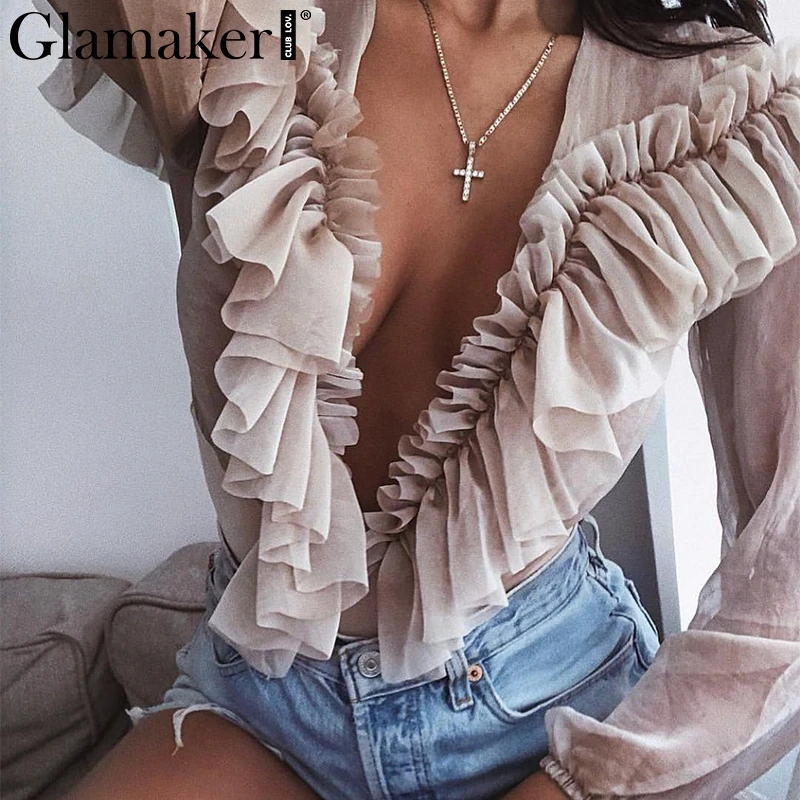 Glamaker Ruffle chiffon mesh long sleeve bodysuit Women transparent  v neck bodysuit Sexy autumn winter bodycon female bodysuit