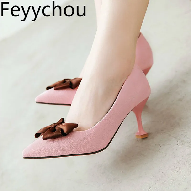 

Women's Pumps High Heels Spring Autumn Flock Pointed Toe Butterfly-knot 2019 New Sexy Fashion Casual Party Beige Big Size 34-43