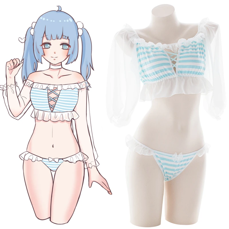Женский комплект нижнего белья Kawaii в полоску Лолиты с гофрированными