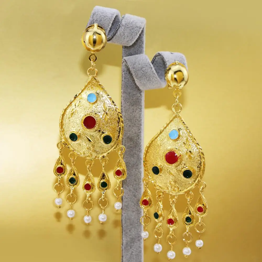 JUST FEEL комплект эфиопских украшений цветные яркие капли воды золотистые бусины ожерелье имитация жемчуга кисточкой серьги Африка Дубай подарки