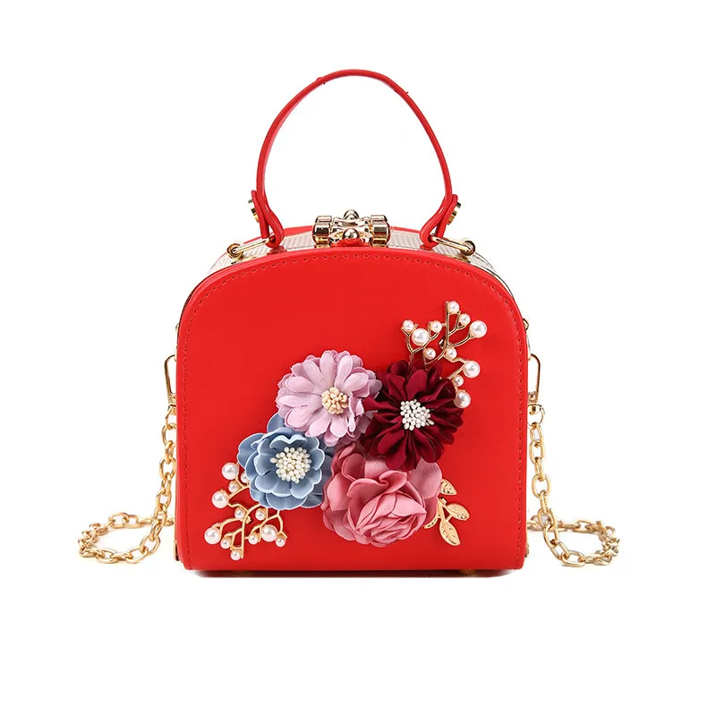 

New Fashion Metal Clamp Small Square Bag Dinner Flower Hand-held Woman Bag Gold Chain Single Shoulder Slant Bag