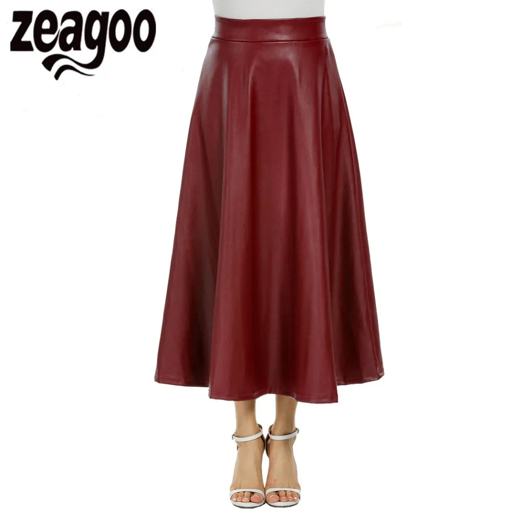 Zeagoo Для женщин с эластичной резинкой на талии из искусственной кожи до середины икры плиссированная юбка до середины икры Длина Однотонная повседневная обувь вечерние Миди-юбки Для Женщин Saia - Цвет: Style 2 Red