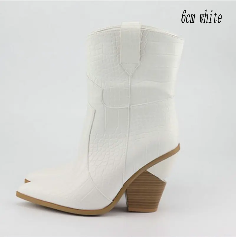 Salu/ г. Модная выбитая микрофибра, кожаные женские сапоги до середины икры ковбойские сапоги вестерн, мотоботы на высоком массивном каблуке - Цвет: 6cm white