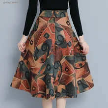 M-4XL Высокая талия Шерсть плиссированная длинная юбка Зимняя мода Froal печать ретро шерстяные юбки большого размера женские