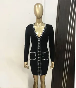 

Halinfer 2018 New summer women dress sexy bodycon Black V-Neck Beading Rayon bandage elegant celebrity party dresse
