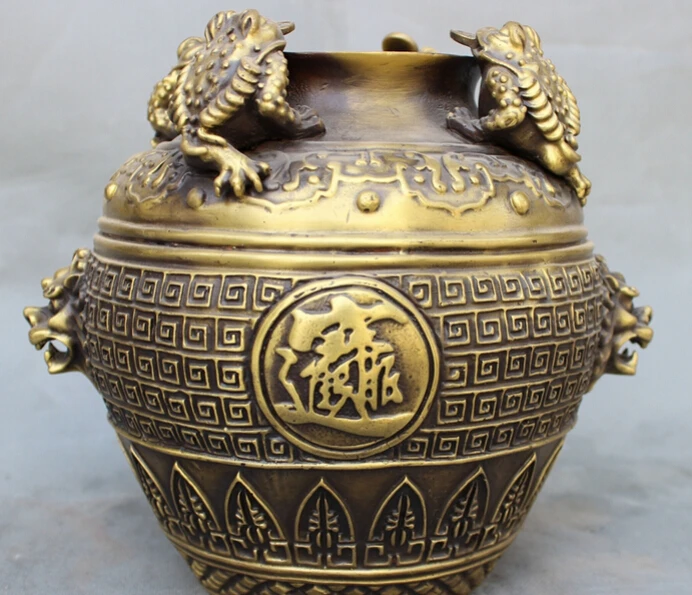 

S2731 9" Chinese Bronze FengShui Wealth Coin 4 Toad Hoptoad Lion Head Statue Jar Pot D0318