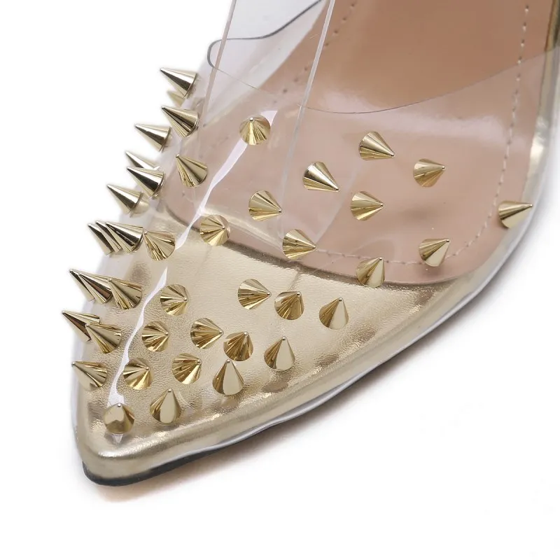 Брендовая обувь женские туфли на высоком каблуке прозрачные Сандалии с заклепками цвета: золотистый, серебристый женские туфли на высоком каблуке обувь под вечернее платье туфли-лодочки Size40