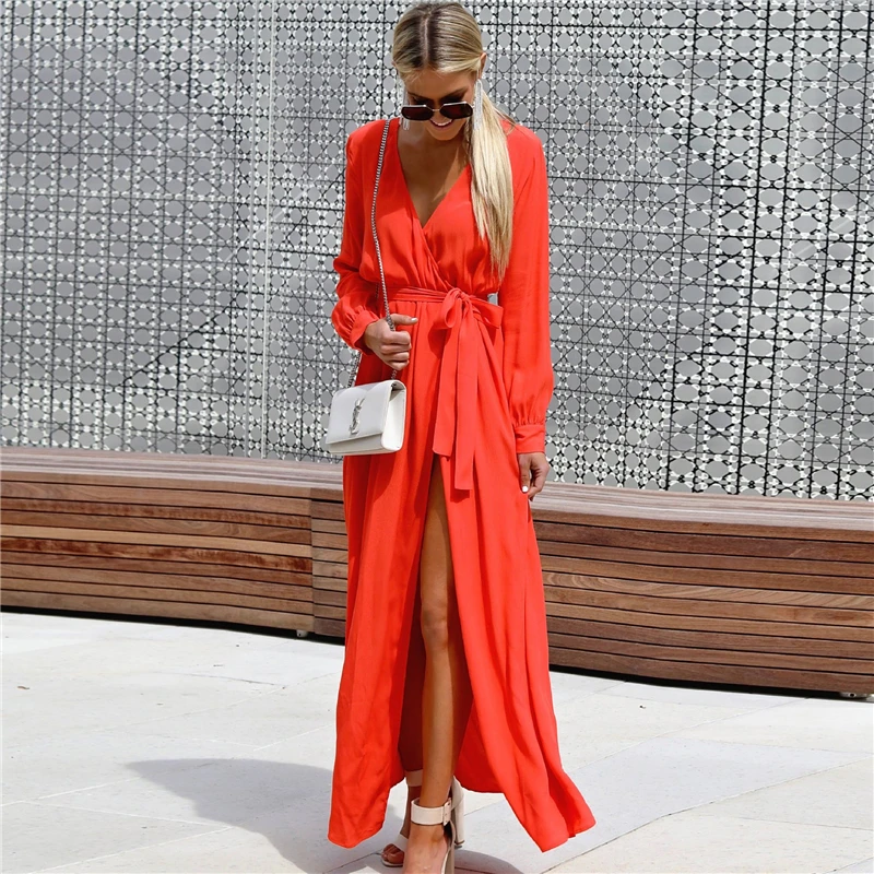 

2018 Fashion Women Long Dress Sexy V Neck Long Sleeve Lace Up Split Maxi Dresses Autumn Winter Casual Dress Vestido