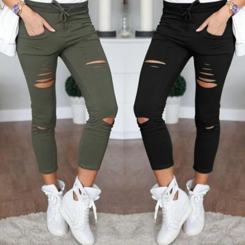 Women Denim Ripped Pencil Pants High Waist Stretchy Jeans Leggings Slim Trousers