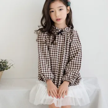

Autumn Girls Dress Teens Cotton Plaid Dresses Lace Patchwork Tulle Party Frocks Teenager Princess Vestidos For 4 6 8 10 12 14 Y