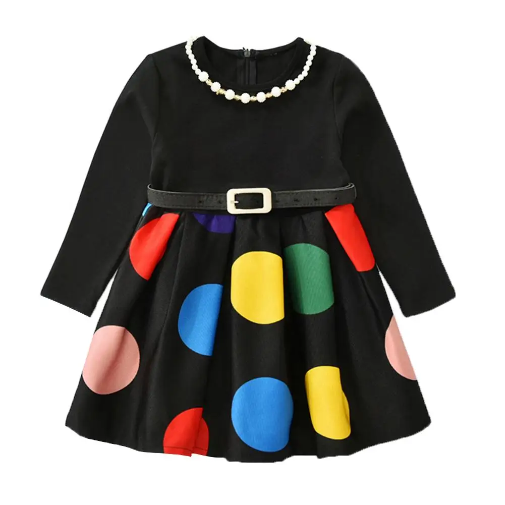 

Fashion Autumn Winter Girl Long Sleeve Colorful Polka Dot Mini Dress with Belt Necklace
