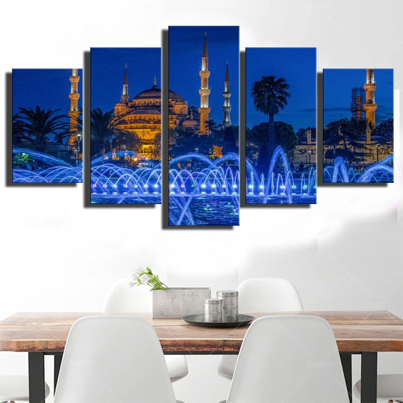 

Modern Prints Wall Art 5 Pieces Islamic Churches Mosque And Fountain Scenery Painting Modular Pictures Unframed