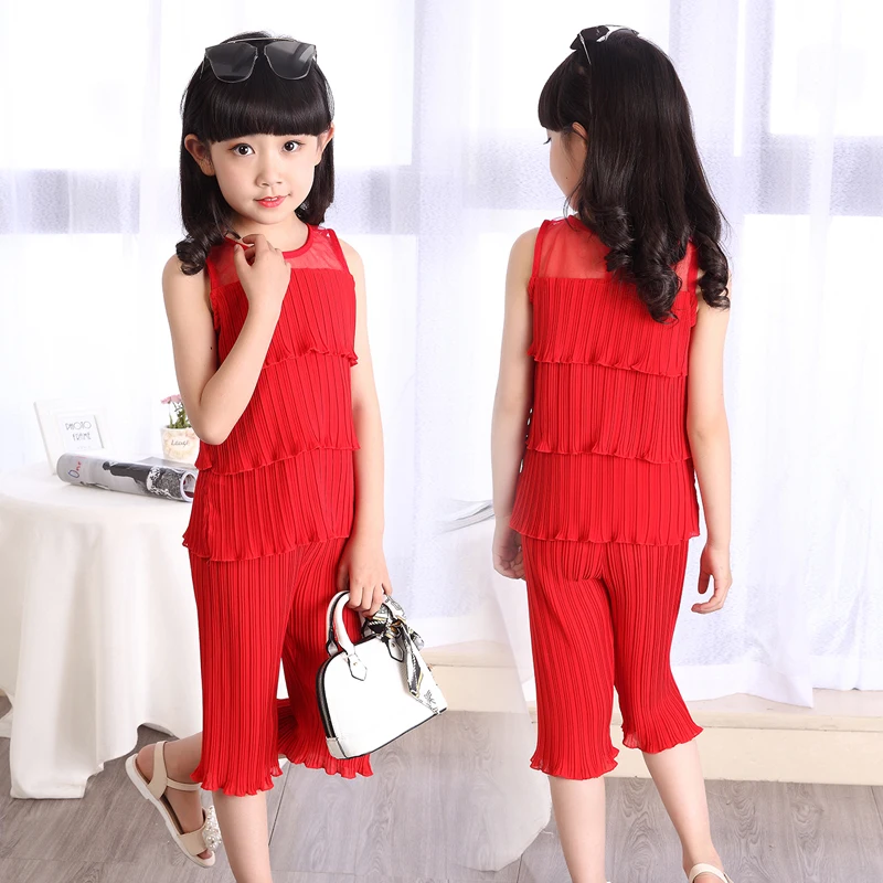 

2019 summer children's clothes girls sets solid sleeveless pleated chiffon baby girl sets for kids girls casual suits 2 pieces