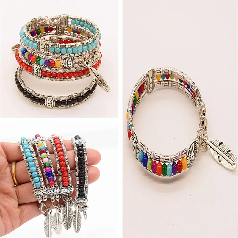 

1Pcs Tibetan Silver Feather Bangle Women Gypsy Stone Vintage Bracelet Boho