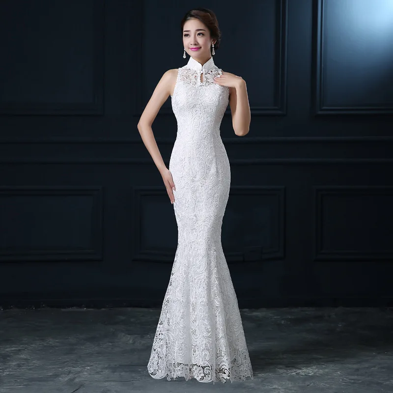 2019 Zeemeermin Jurk Sexy Kant Mandarijn Kraag Vintage Vrouwen Mode Bruiloft Mouwloze Knop Bohemian Party Jurken Groothandel 2019 Zeemeermin Jurk Sexy Kant Mandarijn Kraag Vintage Vrouwen Mode Bruiloft Mouwloze Knop Bohemian Party Jurken Groothandel