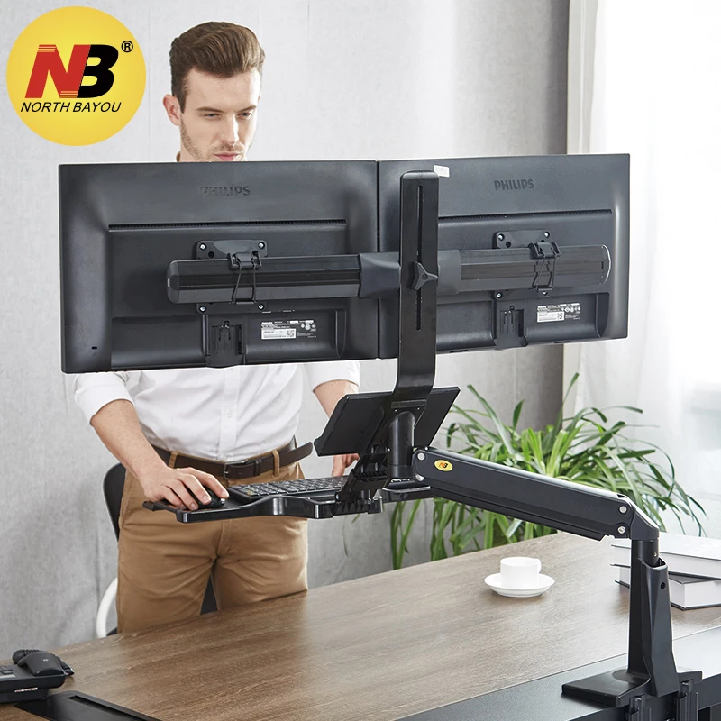 

NB FC24-2A Gas Strut 19-24 inch Dual Screen Monitor Mount Bracket Desktop Sit Stand Workstation with Keyboard Tray USB3.0