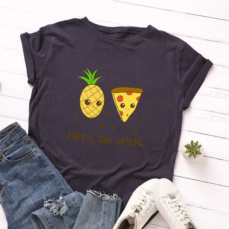 

Plus Size S-5XL New Pizza Pineapple Print T Shirt Women 100% Cotton O Neck Short Sleeve Summer T-Shirt Tops Casual Tshirt