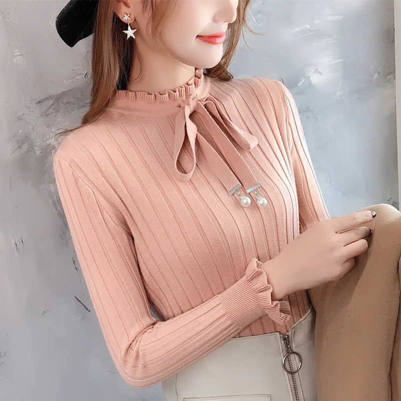 Sweater women's autumn and winter new thickening Slim bottoming shirt bow ruffled top sweater sweater Sweater women's autumn and winter new thickening Slim bottoming shirt bow ruffled top sweater sweater