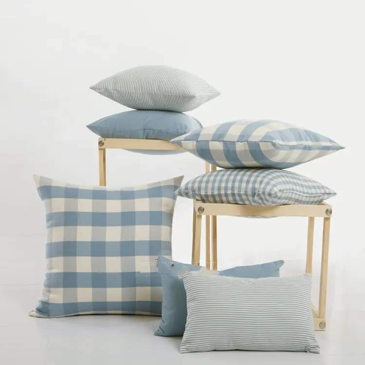 

collalily sky blue American British Nordic back sofa bed Cushion striped plaid geometric Throw Pillow decorative French chic