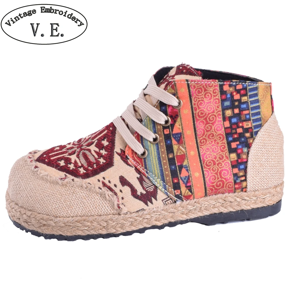

Vintage Women High Top Shoes Thai Boho Cotton Linen Canvas Cloth Single Shoe National Embroidery Woven Lace Up Flat Shoes