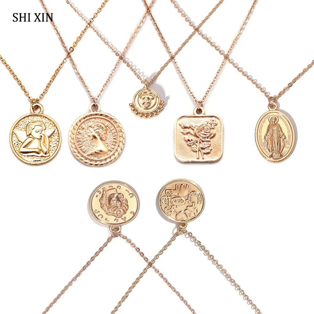 

SHIXIN Boho Simple Charms Choker Necklace Women Virgin Mary Rose Flower Angel Rune Coin Pendant Fashion Statement Jewelry Female