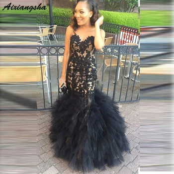 

Black Evening Dresses Long Mermaid Tulle Ruffles Puffy Appliques Lace-Up Sweetheart Formal Prom Dresses Party Gown