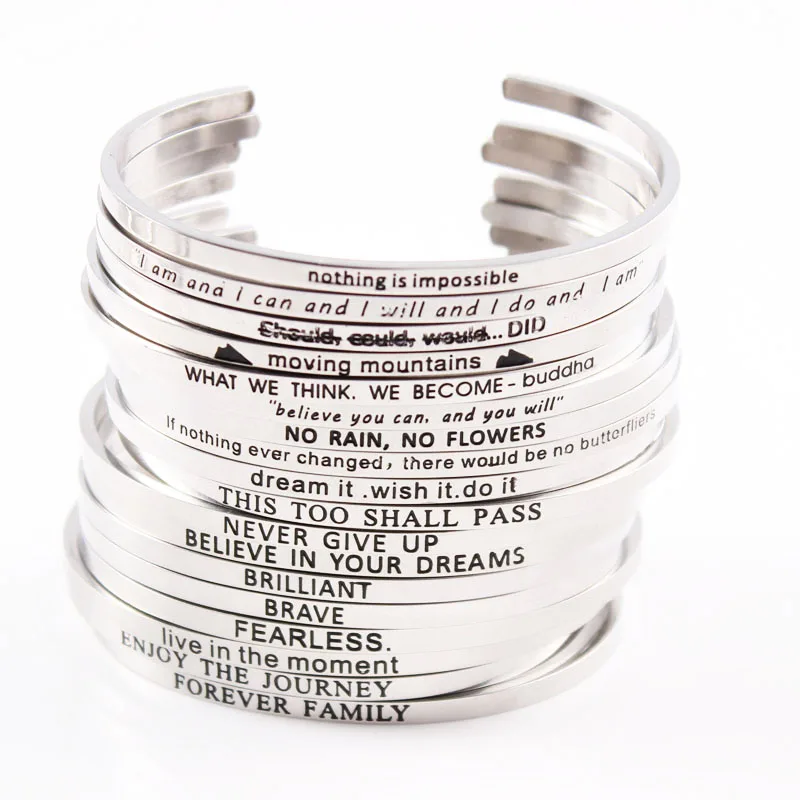

NEW SILVER PLATED Stainless Steel Engraved Positive Inspirational Quote Cuff Mantra Bracelet Bangle For Women and Men Gift