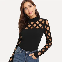 Black Streetwear Party Elegant Sexy Workwear Square Cutout Shoulder Fitted Skinny Tee Autumn Women Office Lady T-shirt Top overlay frill cutout shoulder tee