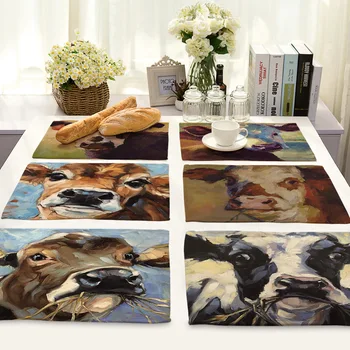 

Animal Placemat Small Yellow Cattle Pattern Printed Heat-resistant Pastoral Ranch Linen Washable Coffee Mat Kitchen Table Decor