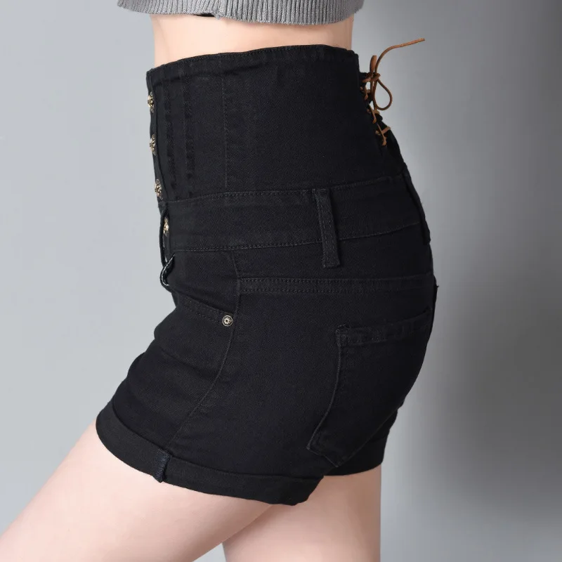 Для женщин летние Европейский Тонкий черный Стиль Высокая Талия Короткие джинсы прямой шнурок 4 пуговицы джинсовые шорты