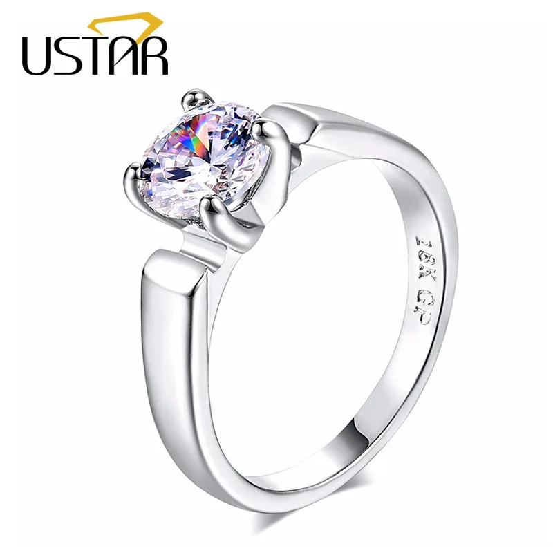 

USTAR 1.25ct 7mm AAA Zircon wedding Rings for women 4 Prong setting Silver color engagement rings female Jewelry Anel bijoux