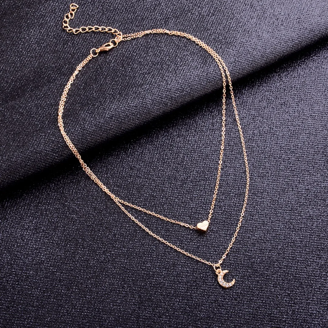 Bohemian Simple Double Layer Gold Color Chain Chic  Love Heart Moon Clavicle Pendant Necklace Charms Jewelry Gift For Girlfriend